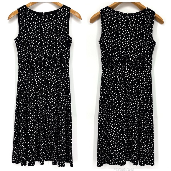 Petite Black with White Polka Dots Sleeveless Ruched Waist Dress, Small - Picture 11 of 16